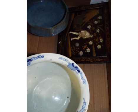 A Japanese Shibayama style panel, decorated a figure in a landscape, a Chinese bowl of octagonal form, and a blue and white j