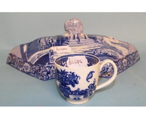 An 18th century porcelain cup, with transfer printed decoration, probably Worcester, and a Palladium Porch pattern transfer p