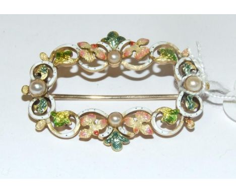 An enamel and seed pearl brooch, of shaped rectangular form Condition report Report by NG

Total weight approx. 11.9 g (all i