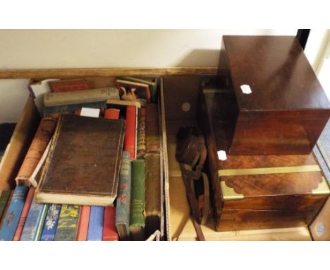 A brass bound walnut writing slope, 45.5 cm wide, another box, a Stanley compass, a longbow and arrows, Bunyan (John) The Pil