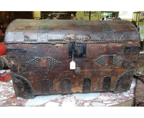 A 19th century travelling trunk, with stud work decoration, 76 cm wide
