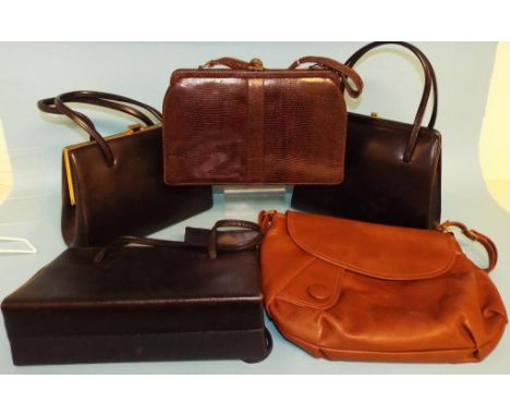 A brown faux crocodile handbag, retailed by Mappin & Webb Ltd, and five other vintage bags (6)