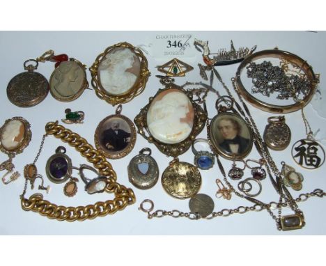 A cameo brooch, carved a portrait of a lady, another similar, a lava brooch and other jewellery (qty)
