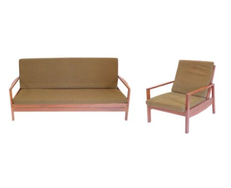 A 1950s/60s Scandinavian teak sofa, with padded back, open arms, etc., 196cm wide, and a matching armchair.  The upholstery i