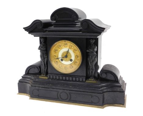 A French black slate mantel clock, of architectural form, with bronze caryatids, 36cm high. 