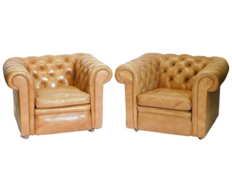 A brown leather three seat Chesterfield sofa, and two matching arm chairs, the sofa 212cm wide. (AF)  The upholstery in this 