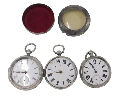 Three silver pocket watches, comprising a Waltham 19thC pocket watch, with white enamel Roman numeric dial and key wind, with