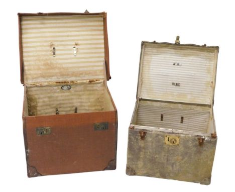A canvas and leather vintage trunk, with label for Flaxite, 46cm wide, and another canvas and leather trunk, 51cm wide. (AF)
