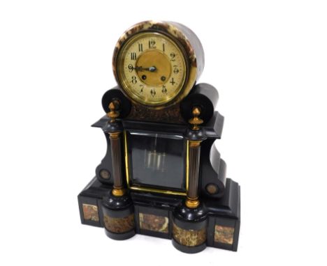 A 19thC French black slate and marble mantel clock, with neoclassical mounts, 49cm high. 