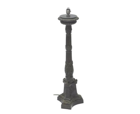 A bronze column table lamp, in French style cast with leaves, etc., 67cm high. WARNING! This lot contains untested or unsafe 