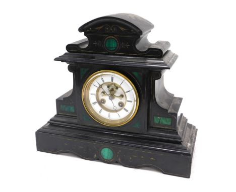 A French black slate and malachite mantel clock, of architectural form, 35cm high. 