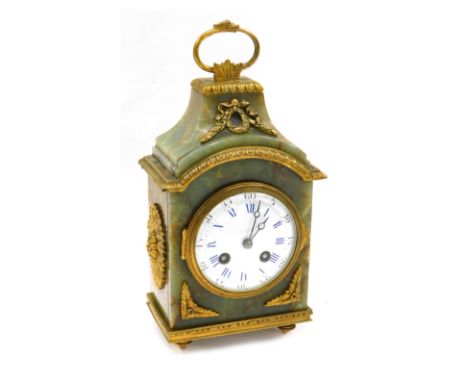 A late 19thC French onyx and gilt metal Pendule D'fficeur, the white enamel dial with blue Roman numerals, the case embellish