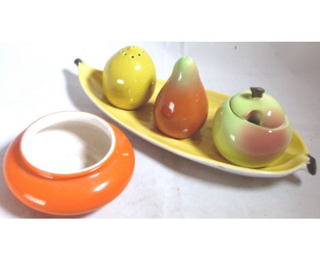 CARLTONWARE CRUET. Carltonware four piece fruit design cruet set and a pot