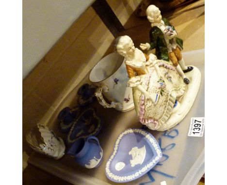 MIXED CERAMICS. Mixed ceramics including Hammersley twin handled pot and five pieces of powder blue Wedgwood