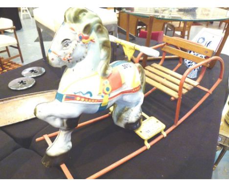 ROCKING HORSE. Vintage Triang tinplate rocking horse with seat