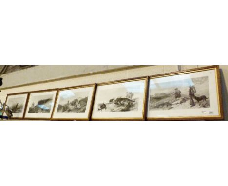 HUNTING SCENE PRINTS. Five framed hunting scene lithographs