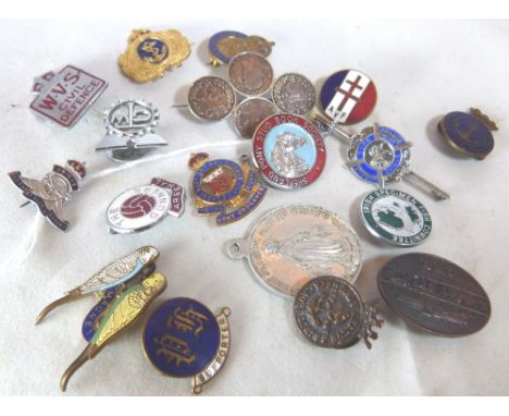 ENAMEL BADGES. Box of assorted enamel badges including military