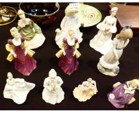 ROYAL DOULTON FIGURES. Six Royal Doulton ceramic figures and four Coalport ceramic figures and a Nao example 