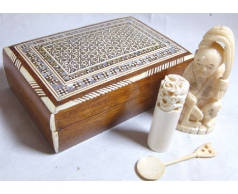 IVORY MOUNTED BOX. Ivory mounted box containing three bone/ivory items