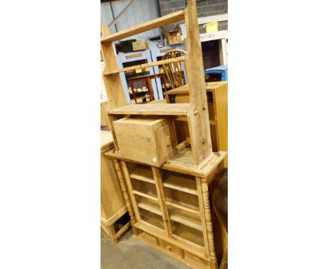 PINE KITCHEN CABINET. Stripped pine kitchen cabinet with glazed doors and turned supports, pine kitchen shelf and a pine stoo