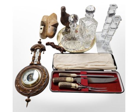 Two crystal decanters, Royal Doulton Famous Grouse ceramic whisky decanter (empty), further circular serving tray, pair of gl