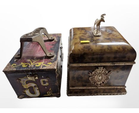 A reproduction tortoiseshell-effect lidded caddy, together with a painted shoe shine box.