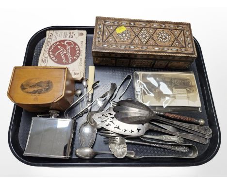 A parquetry-inlaid trinket box, together with a Mauchline Ware tea caddy depicting Dunkeld, quantity of plated cutlery, stain