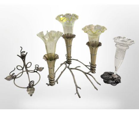 A Victorian silver plated and vaseline glass epergne, height 24 cm together with a clear glass epergne and silver plated stan