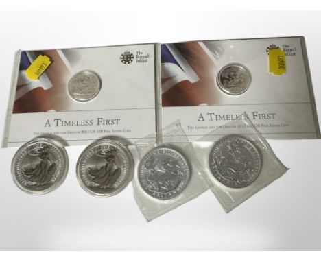 Two Royal Mint, ' A Timeless First' George and the Dragon 2013 £20 fine silver coins, two 1999 fine silver £2 coins, each wei