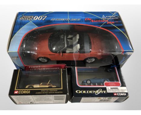 A James Bond die-cast 1:18 scale Ford Thunderbird, and two further Corgi James Bond scale cars, all boxed.