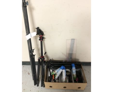 A group of telescopic tripod stands, cans of duster, fabric pins, fabric scissors etc  (1 box)