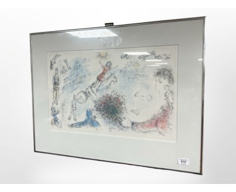 A Danish lithograph with crayon depicting figures, 53cm x 34cm.