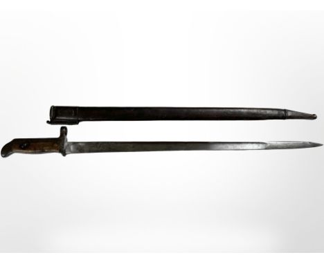 A Danish M 1915 sword bayonet for the Krag-Jorgensen rifle, with steel-mounted leather scabbard, stamped Haerens Tojhus 11879