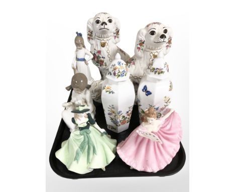 A pair of Stoke on Trent ceramic Staffordshire dogs, a Royal Doulton Pretty Ladies figurine, 'Elaine', Royal Worcester Le Pet