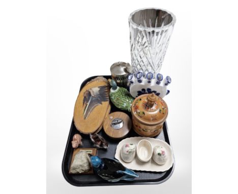 A group of glass, ceramics, and other items including Delft tulip vase, crystal vase, silver-plated coffee pot, teak table li