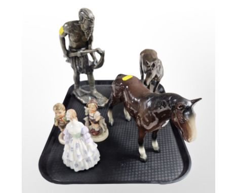 A Leonardo Collection resin figure of a horse, a further ceramic horse, two Goebel figures, a Royal Doulton figurine ' Dimity