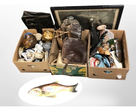 A large quantity of 20th-century ceramics and ornaments, leather satchel, Venetian-style etched mirror, large Italian pottery