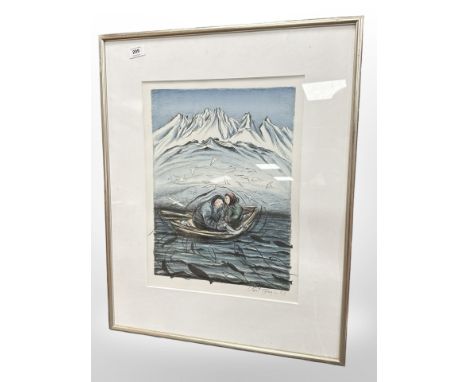 Danish school : A lithograph with crayon depicting figures in a boat, 35cm x 47cm.