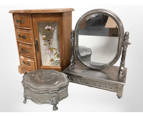 A contemporary jewellery box, height 27cm, together with a plated swing mirror, and a cast-metal trinket box.
