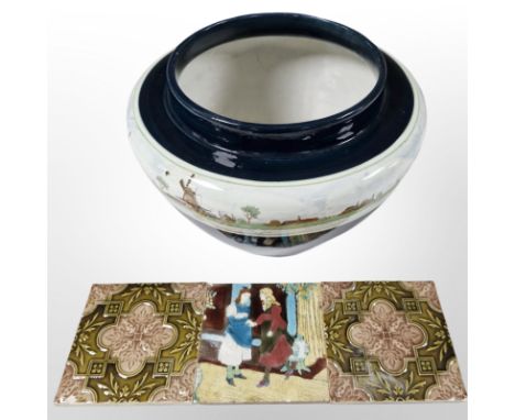 A large Dutch earthenware planter decorated with landscapes, diameter 37cm, together with a pair of Arts and Crafts ceramic t