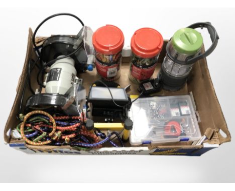 A Macallister bench grinder, quantity of bungee cords, site light, tools etc (1 box)