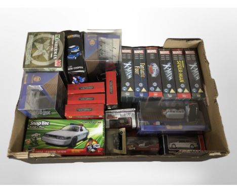 A group of Marvel DVD box sets, die cast cars, formula 1 scale model cars etc (1 box)