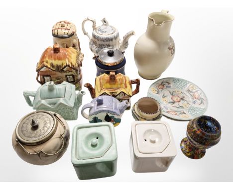 A group of miscellaneous ceramics, mottled glass vase, reproduction Clarice Cliff Art Deco teapot, Jasperware biscuit barrel,