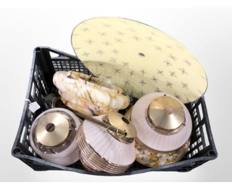 Two Art Deco marbled glass pendant light shades, and four further shades. (1 box)