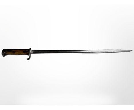 A German late pattern S 1898 Mauser sword bayonet with flashguard, two-piece wooden grips, and pipe-back blade, inspection st