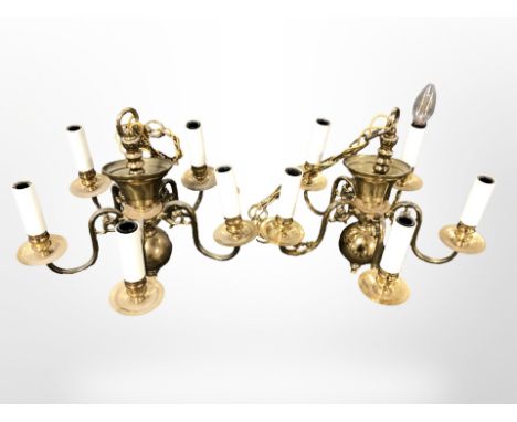 A pair of brass five-sconce light fittings, wired for electricity, diameter 40cm.