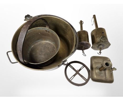 Two Victorian brass jam pans, two brass spit jacks, a chamber stick, etc.