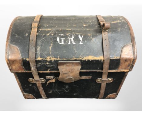 A 19th century leather and canvas bound domed trunk, width 76 cm