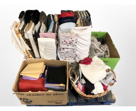 A very large quantity of upholsterer's fabric and material, wicker hamper (1 pallet)