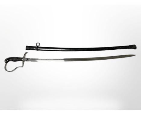 An Imperial German/ Prussian M 1849 Artillery sabre, blade fullered and plated, with black grips and scabbard, blade 81cm. 